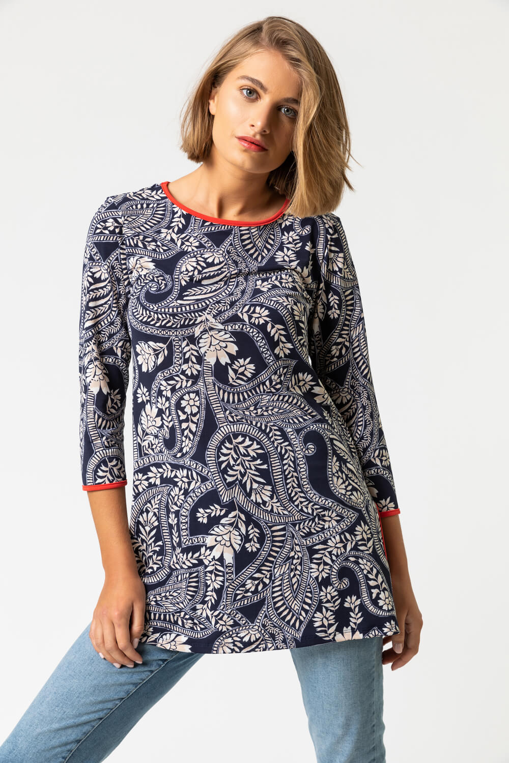 Navy  Paisley Print Contrast Trim Tunic Top, Image 4 of 4