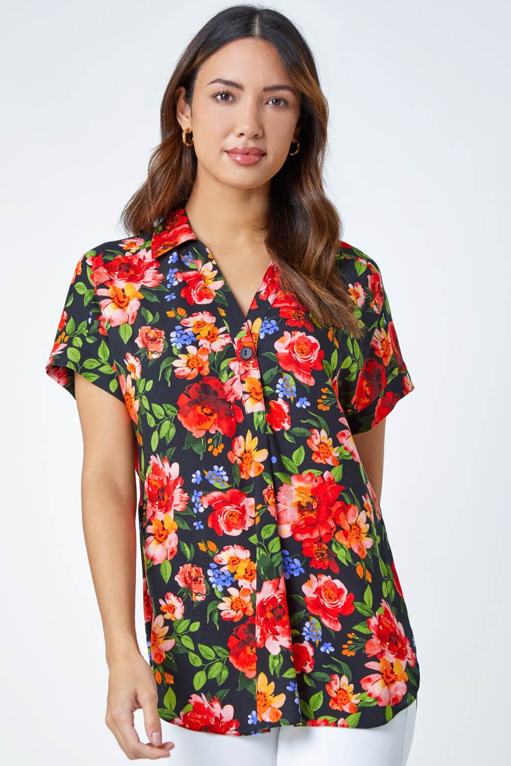 Red Floral Button Short Sleeve Shirt, Image 3 of 6