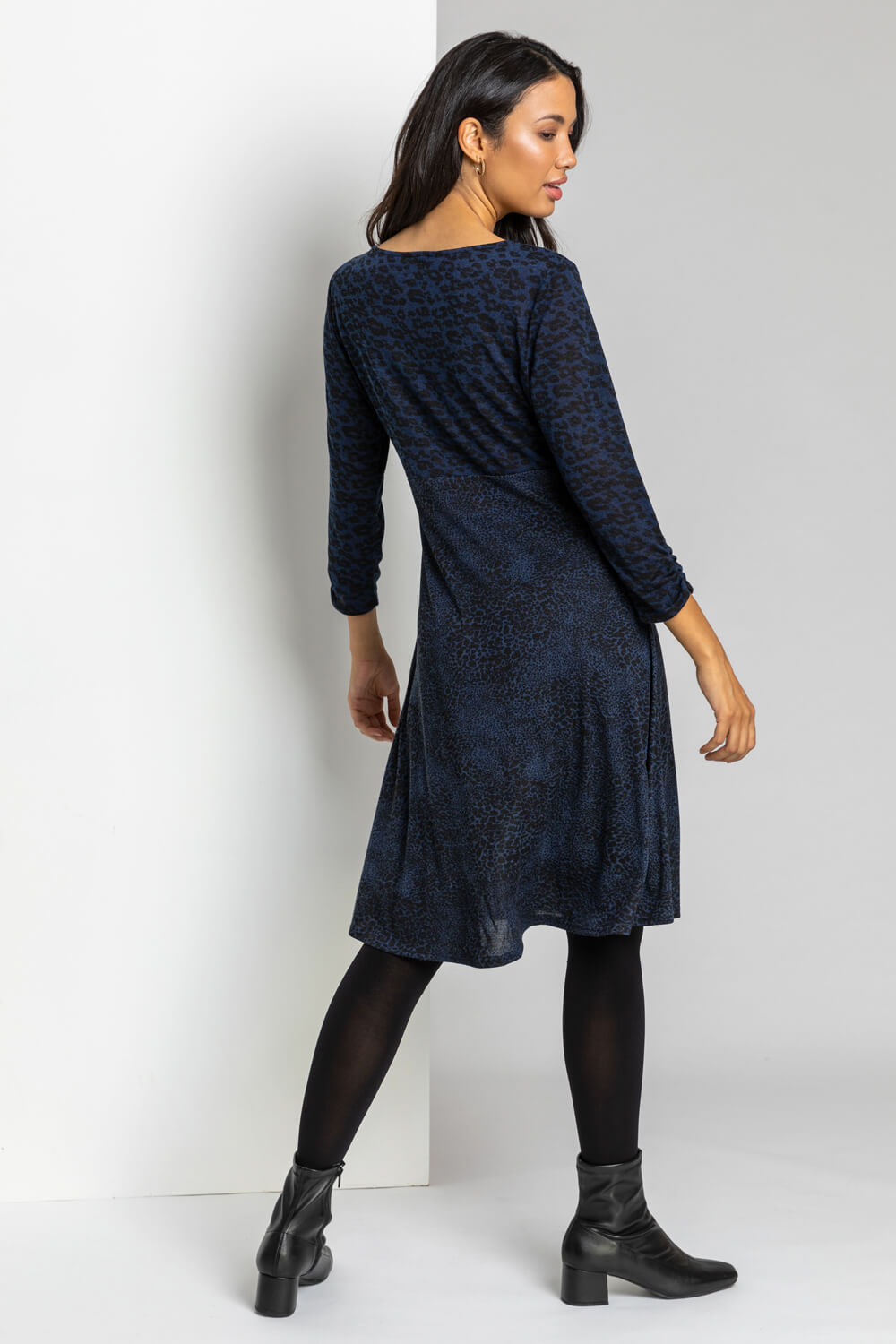 Navy  Contrast Animal Fit & Flare Dress, Image 2 of 4