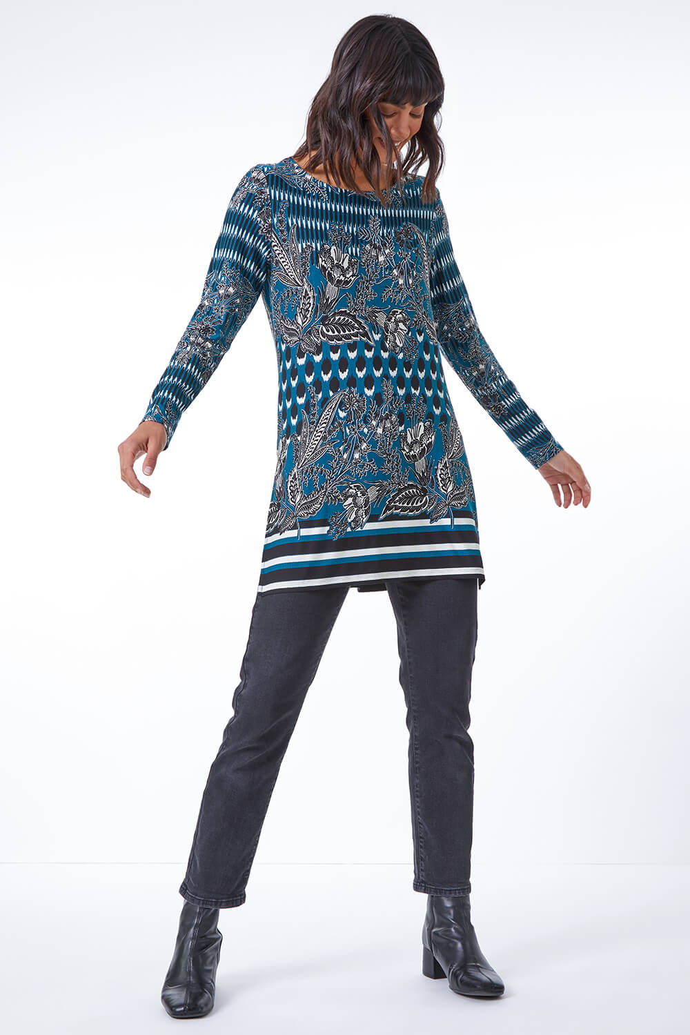 Teal Floral Border Print Longline Stretch Tunic, Image 2 of 5