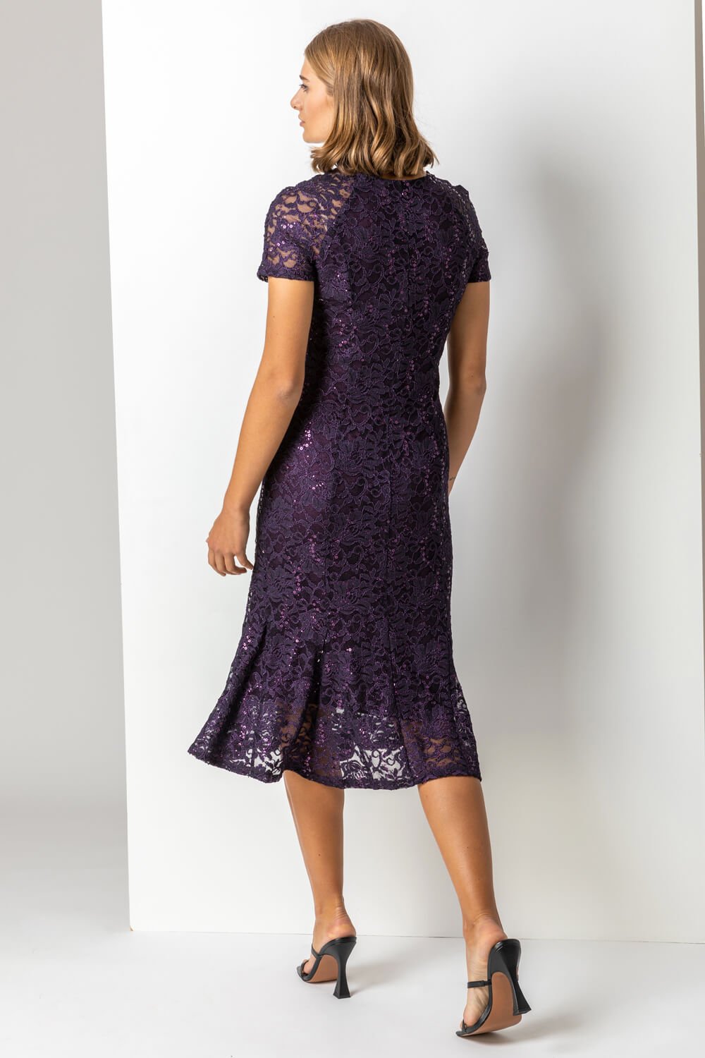 Purple Metallic Lace Sequin Midi Dress, Image 2 of 3