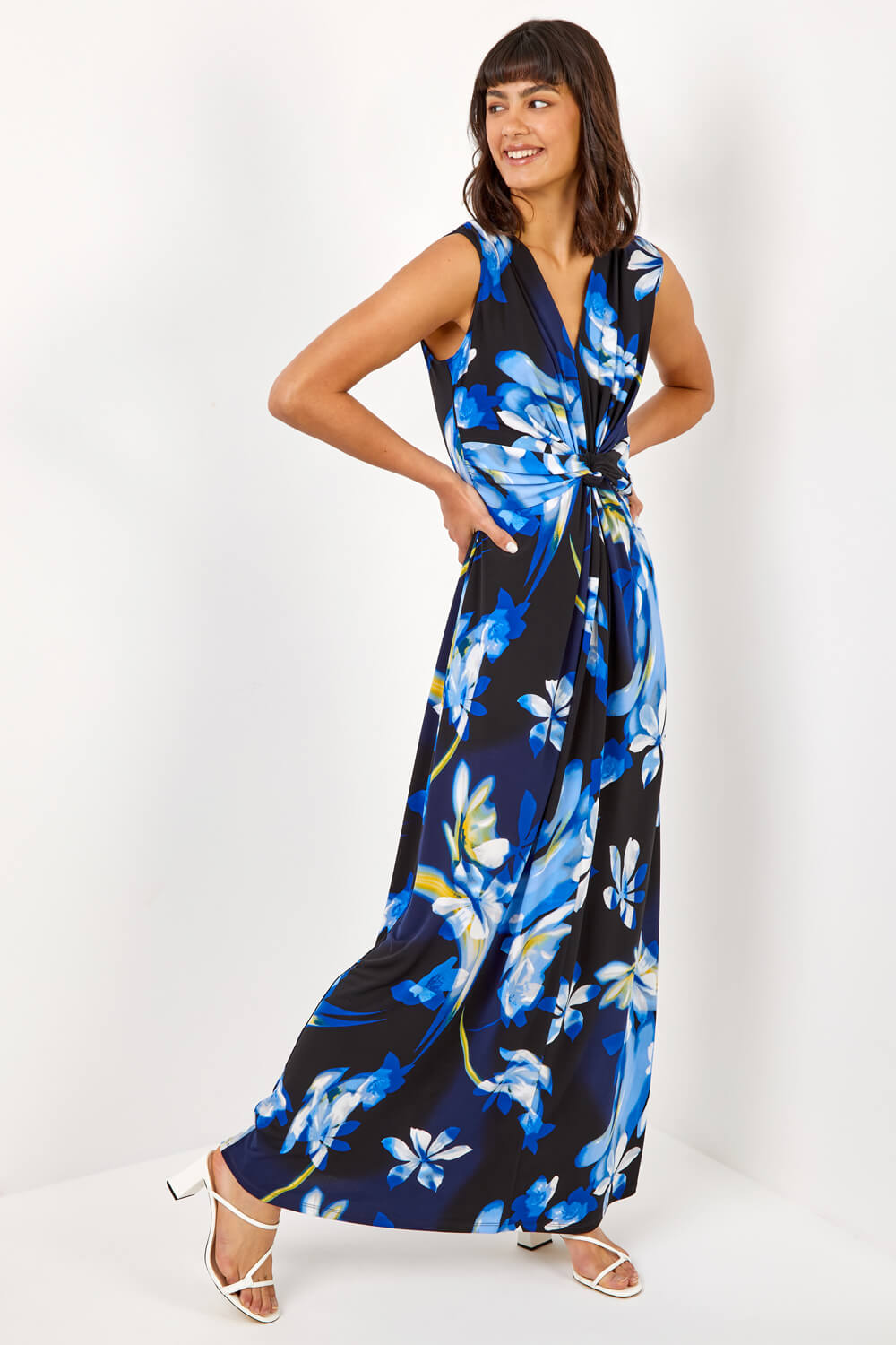 Floral Jersey Stretch Twist Ruched Maxi Dress
