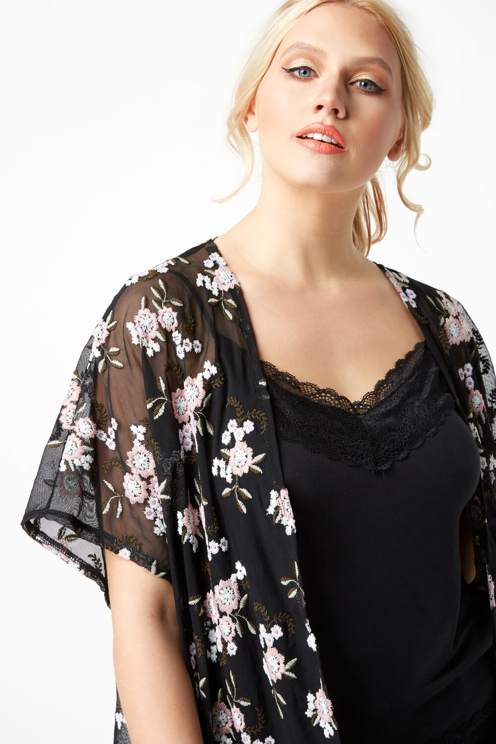 Black  Floral Embroidered Longline Jacket , Image 3 of 5