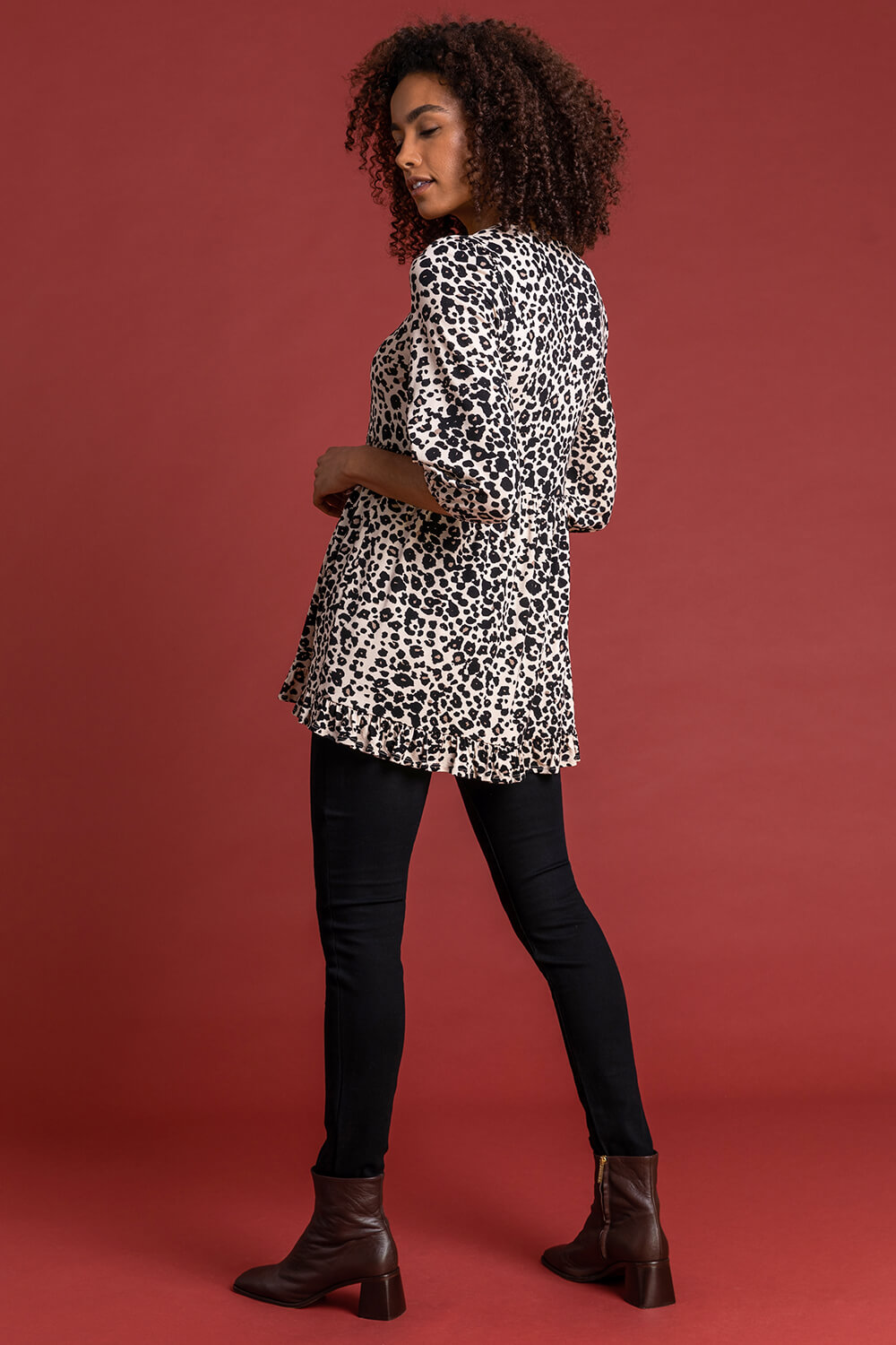 Taupe Leopard Print 3/4 Sleeve Frill Trim Smock Top, Image 2 of 4