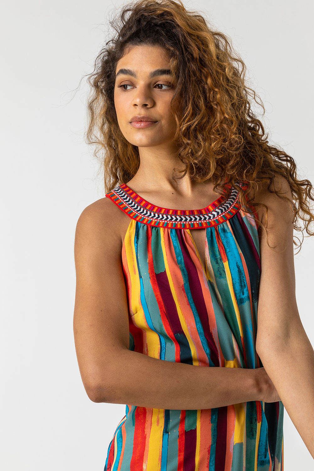 Multi  Stripe Print Embroidered Maxi Dress, Image 4 of 5