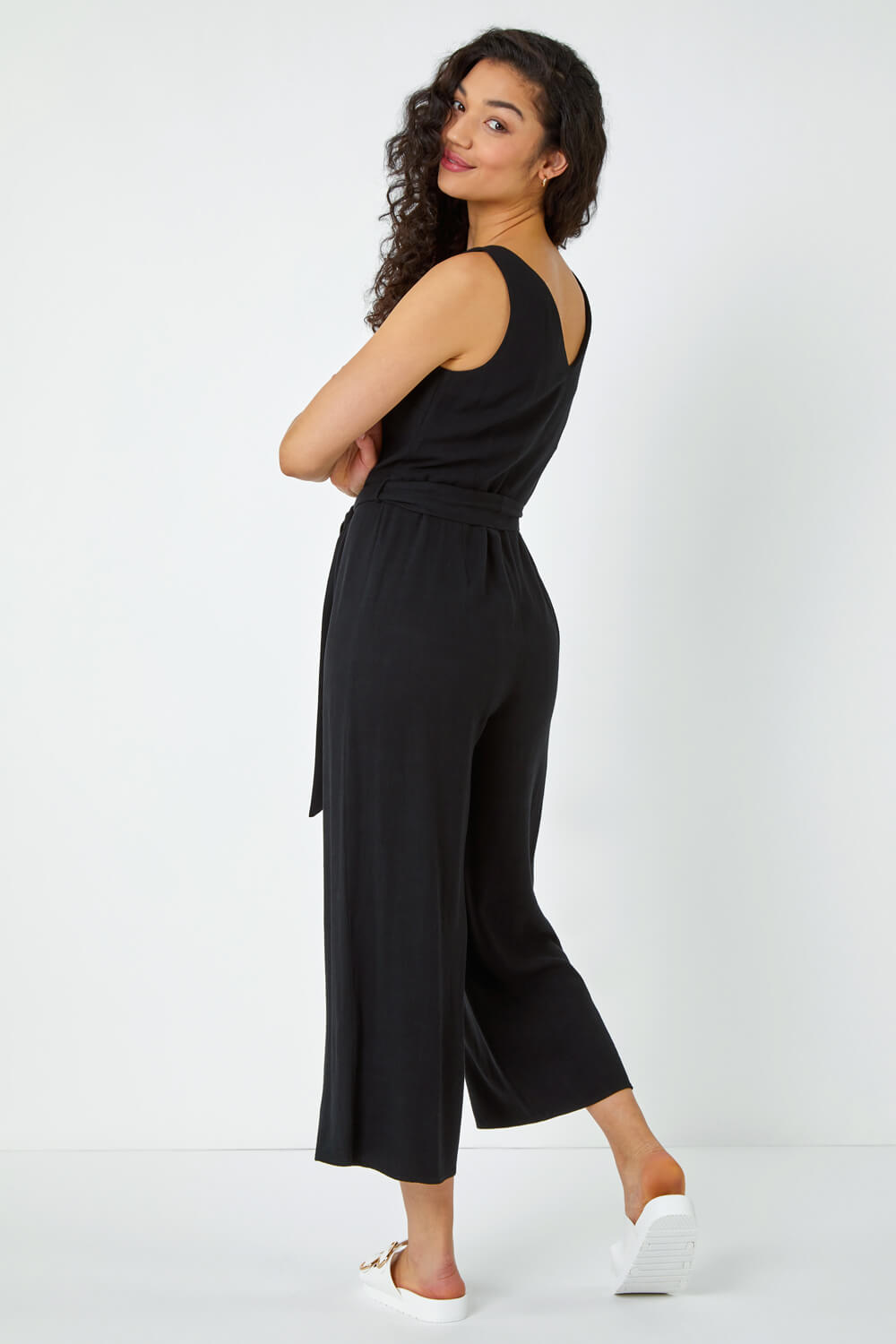 Black Sleeveless Linen Blend Jumpsuit, Image 3 of 5
