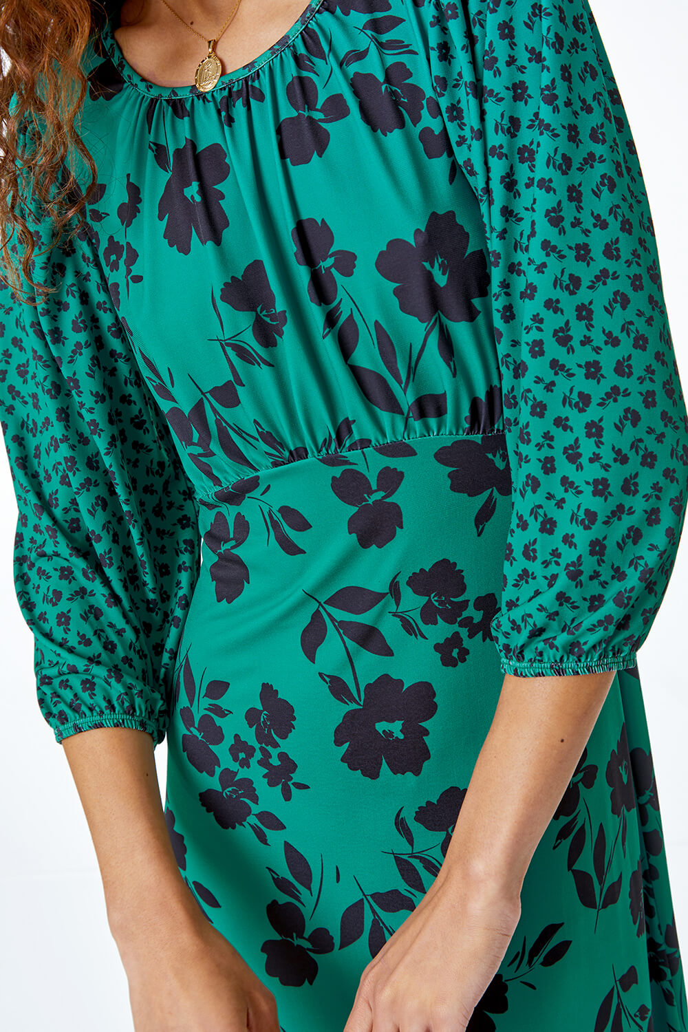 Green Floral Contrast Print Midi Dress, Image 5 of 5
