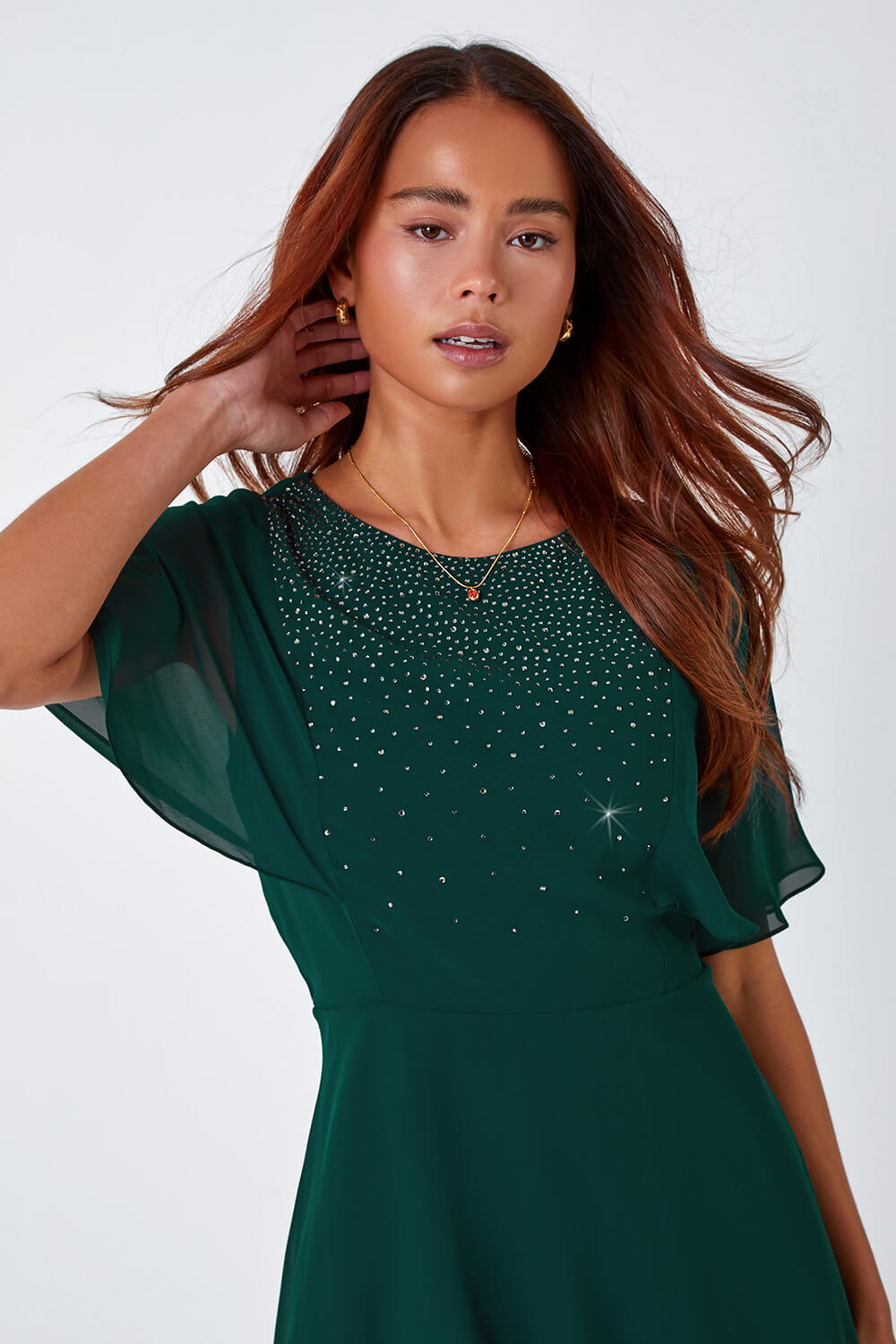 Green Petite Embellished Skater Dress, Image 4 of 5