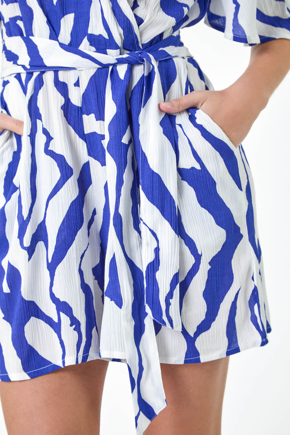 Royal Blue Animal Print Belted Wrap Playsuit, Image 5 of 5