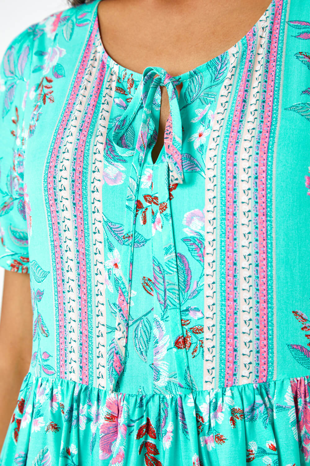 Turquoise Floral Border Print Smock Dress, Image 5 of 5