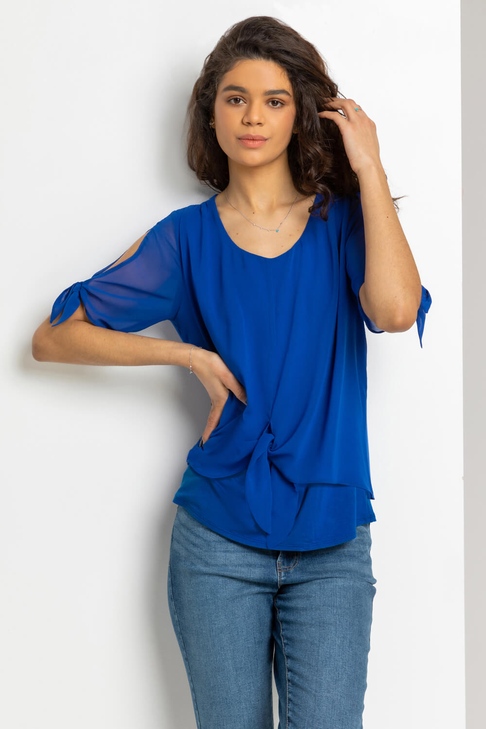 Royal Blue Chiffon Layered Tie Front Top, Image 4 of 4