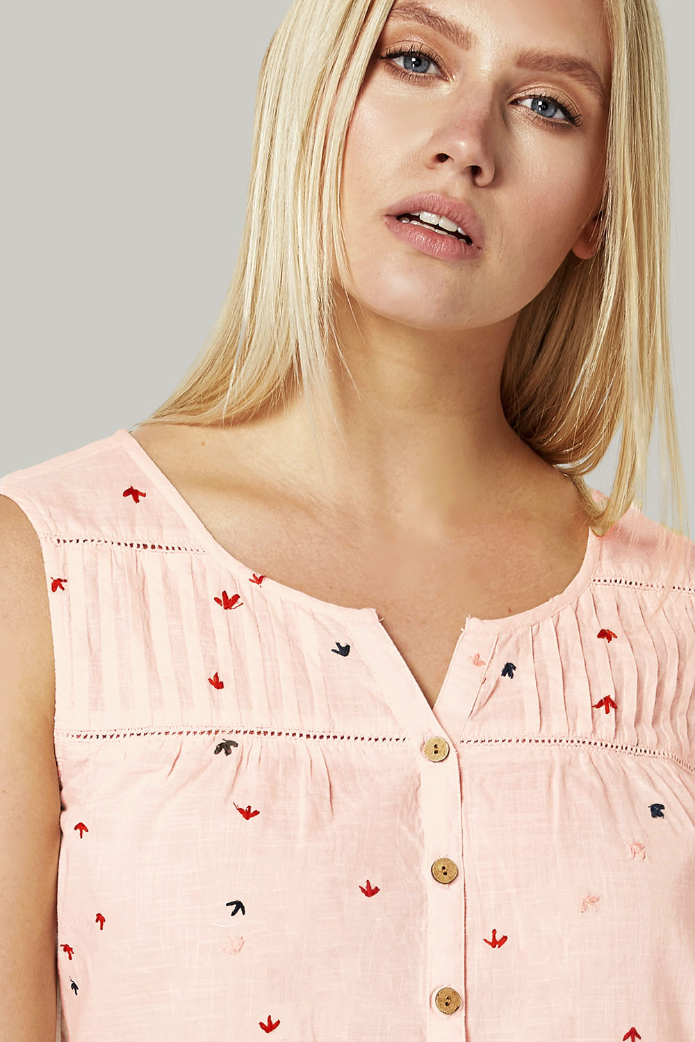 Light Pink Embroidered Sleeveless Button Blouse, Image 4 of 4
