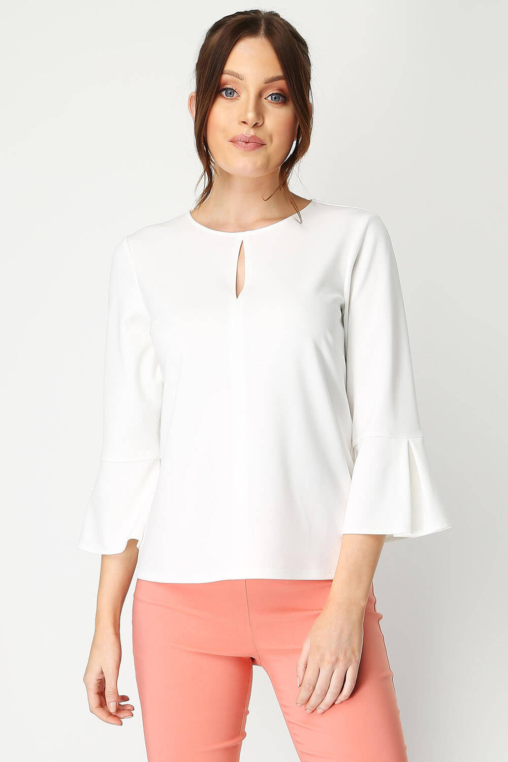 Roman Originals Flared 3/4 Sleeve Scuba Top in Ivory