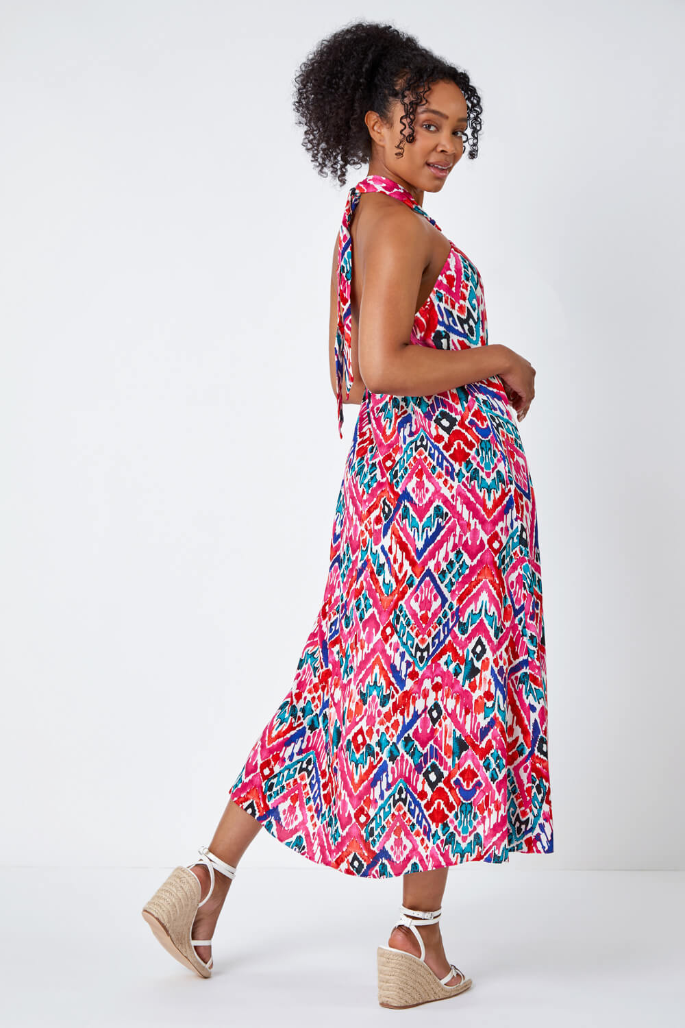 PINK Petite Midi Halterneck Print Dress, Image 3 of 5