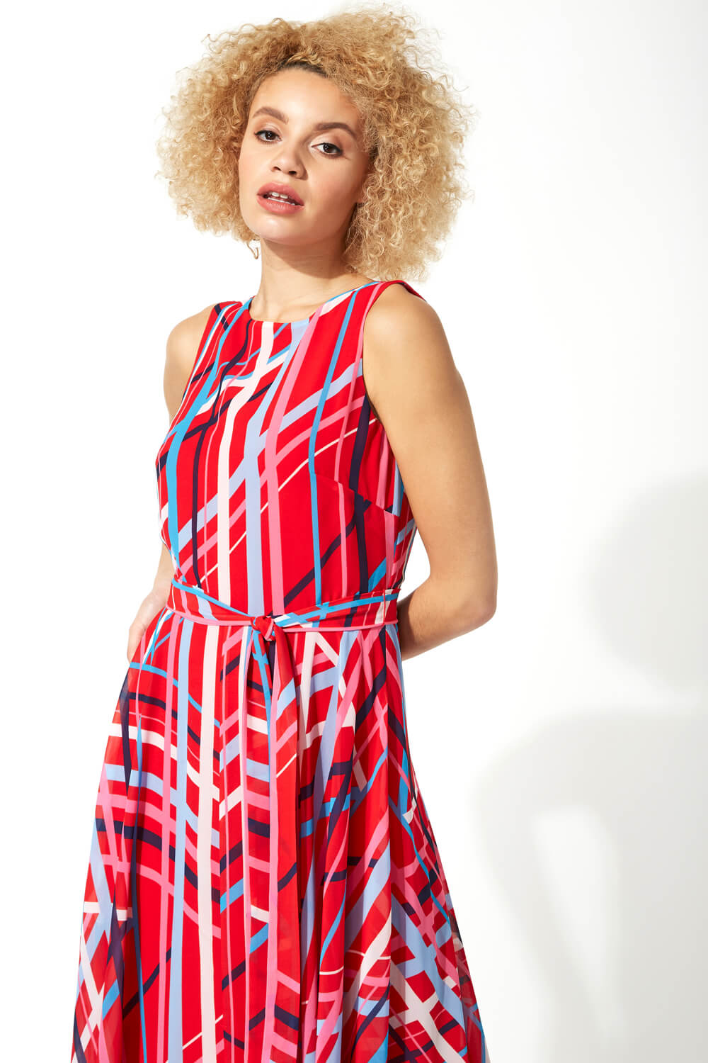 Red Stripe Print Fit and Flare Midi Dress, Image 4 of 5