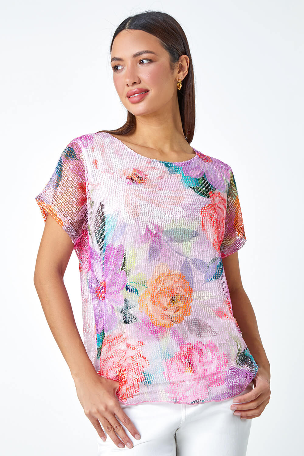 PINK Mesh Overlay Floral Print T-Shirt, Image 4 of 5
