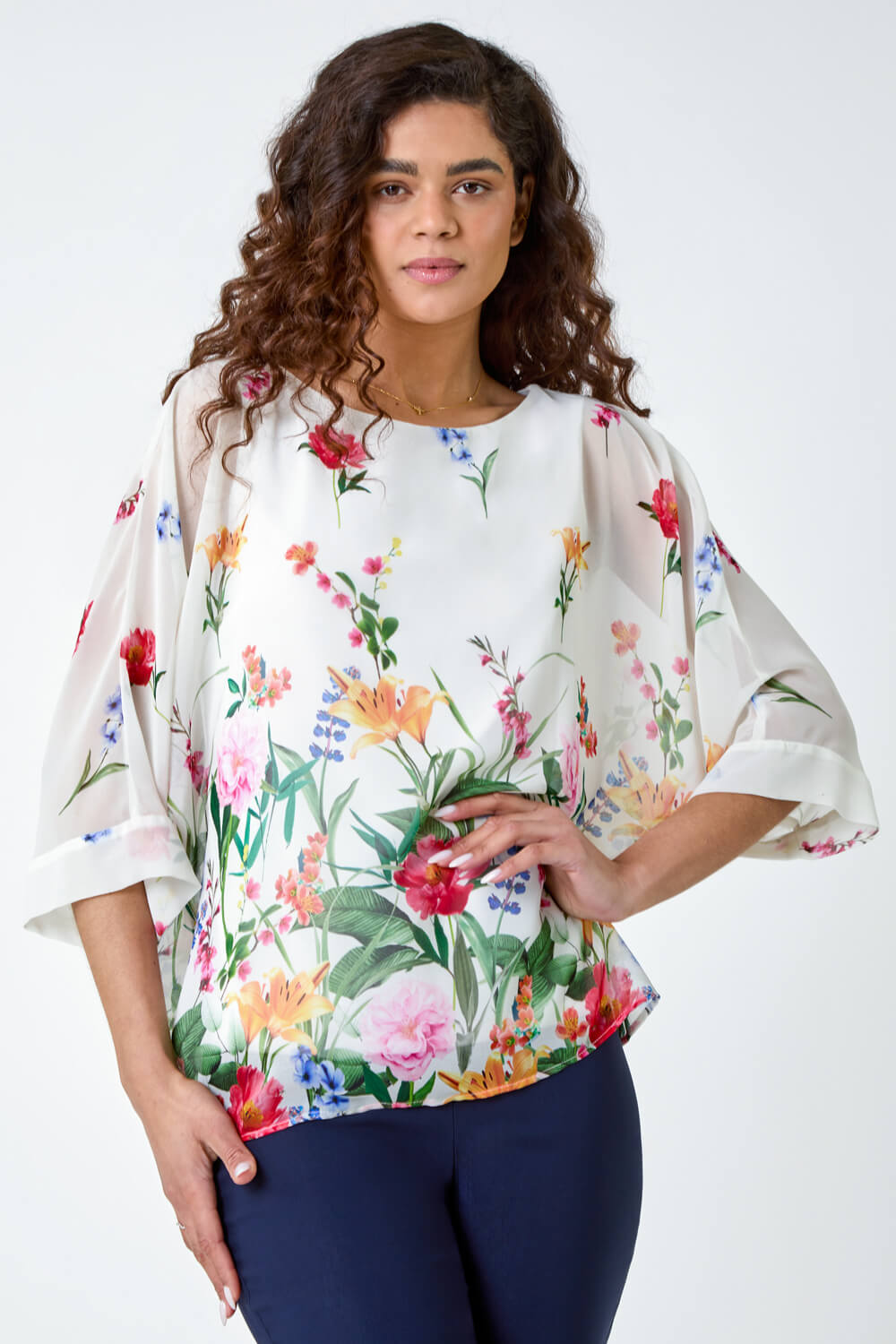 Ivory  Floral Border Print Overlay Top, Image 4 of 5