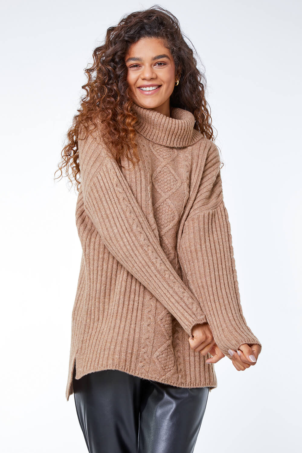 Natural  Cable Knit Ribbed Tunic Jumper , Image 2 of 5