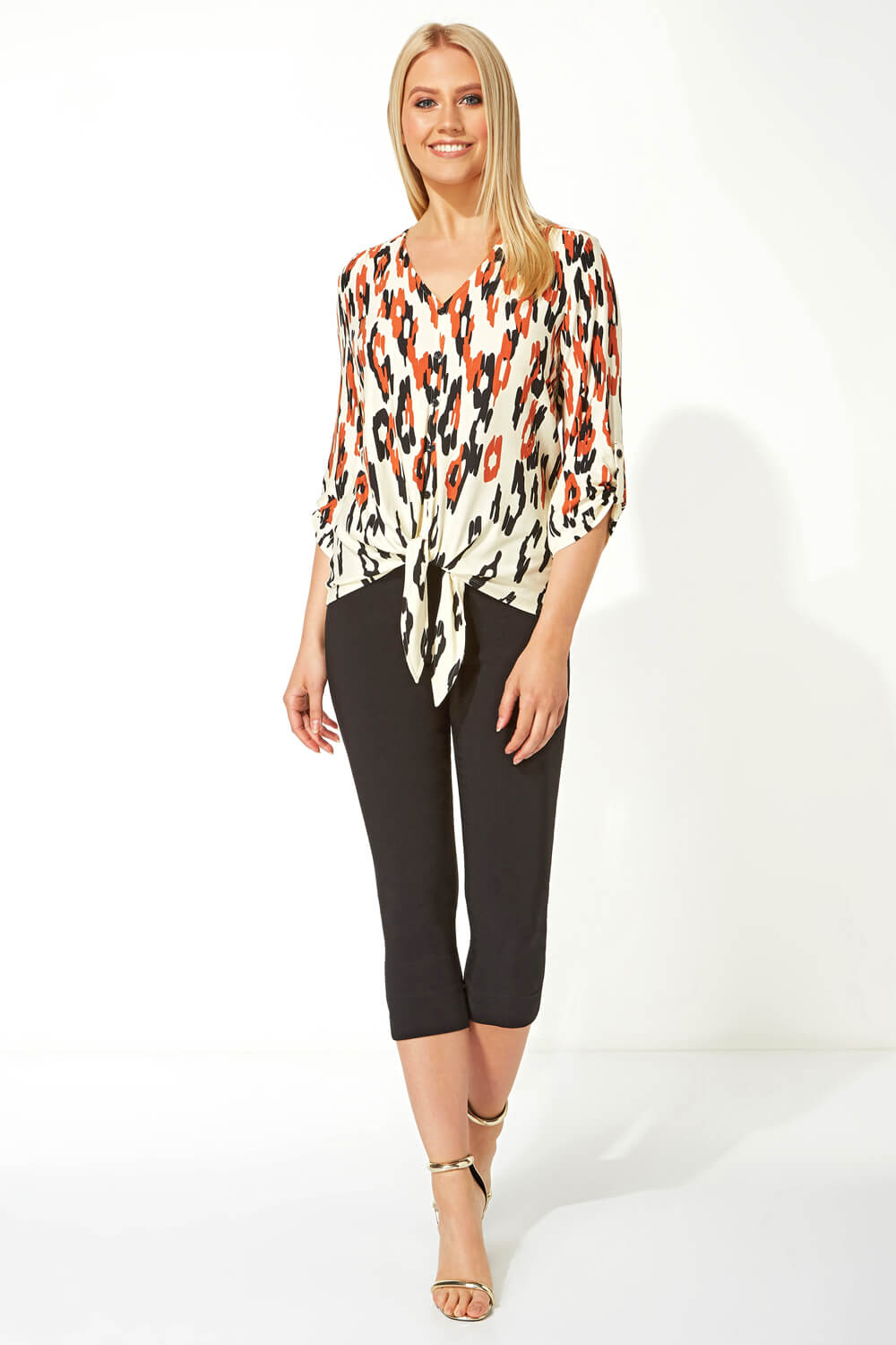 Neutral Tie Front Animal Print Top, Image 2 of 5