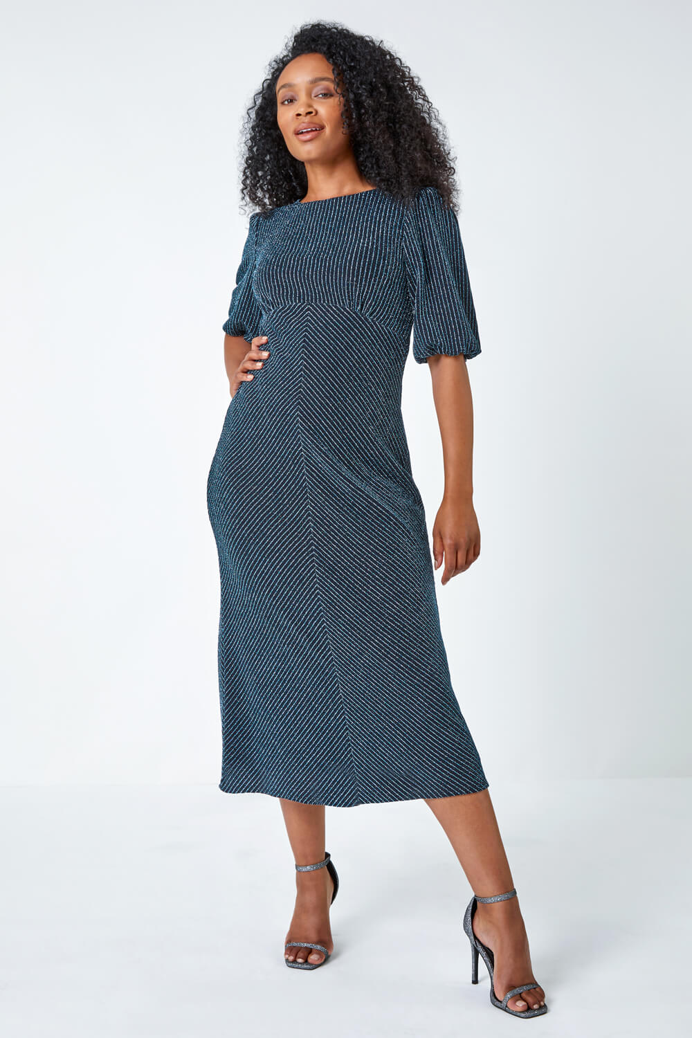 Blue Petite Metallic Stripe Midi Stretch Dress | Roman UK