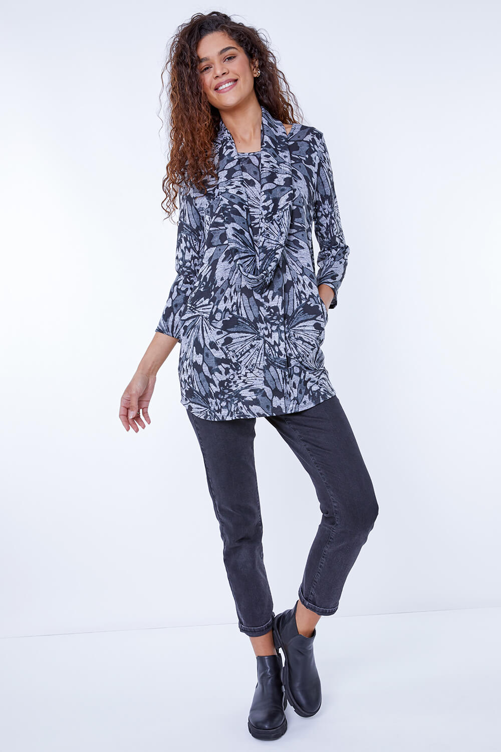 Black Butterfly Print Tunic Top With Snood, Image 2 of 5