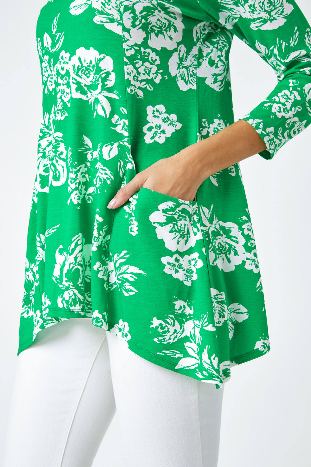 Green Floral Print Swing Stretch Top, Image 5 of 5