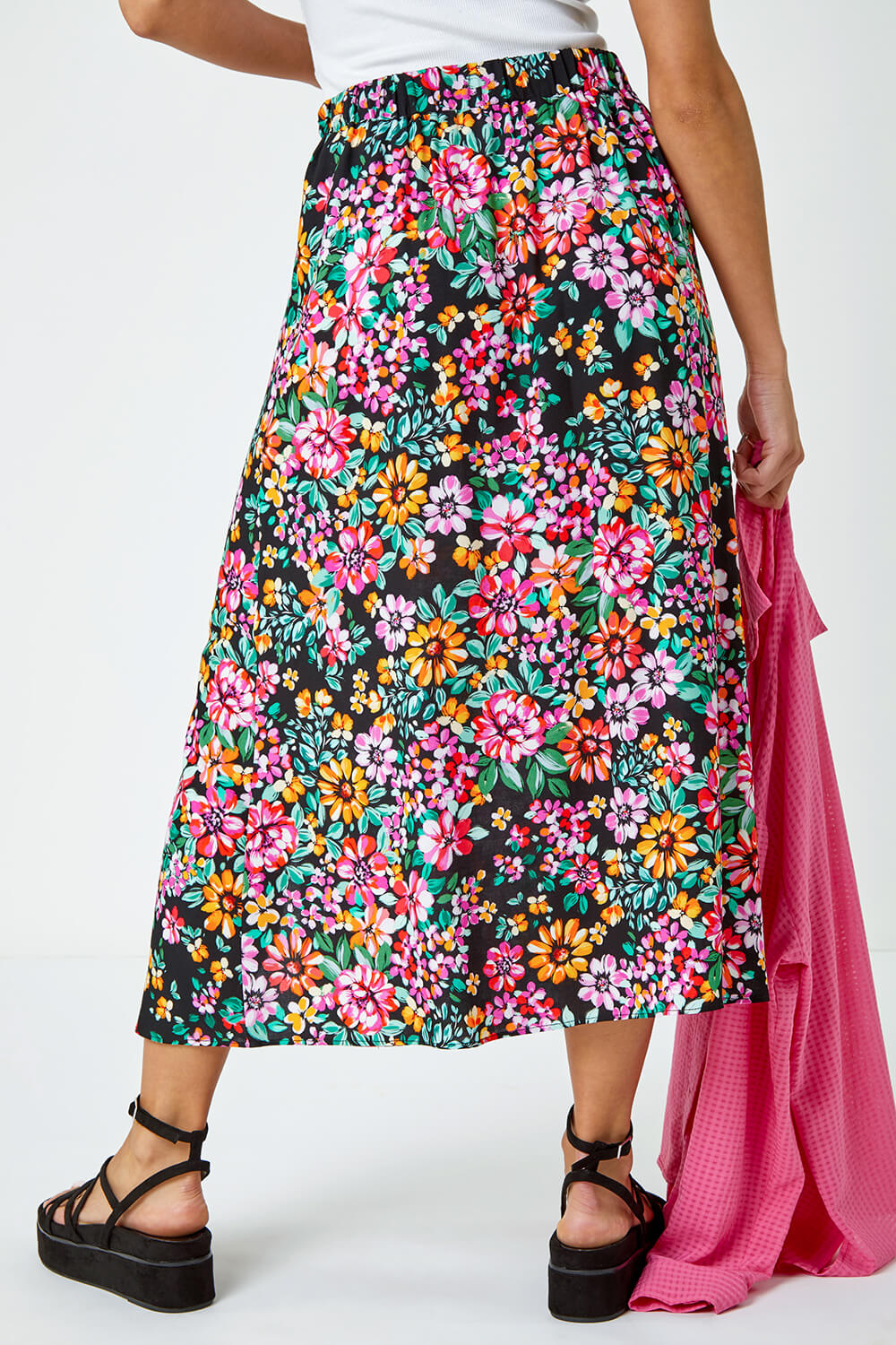 Black Floral Button Detail Midi Skirt, Image 3 of 5