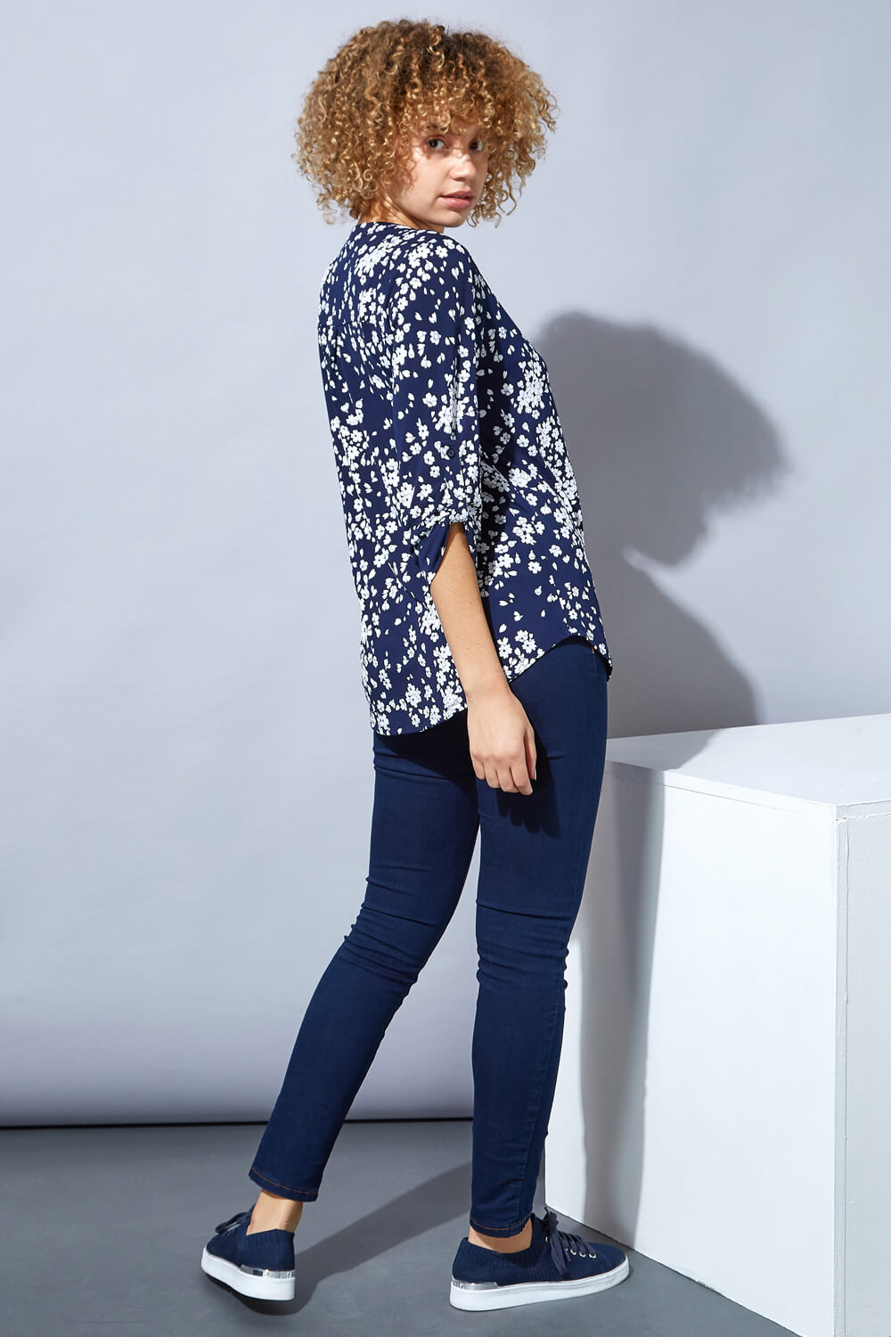 Navy  Floral Print Button Detail Top, Image 3 of 4