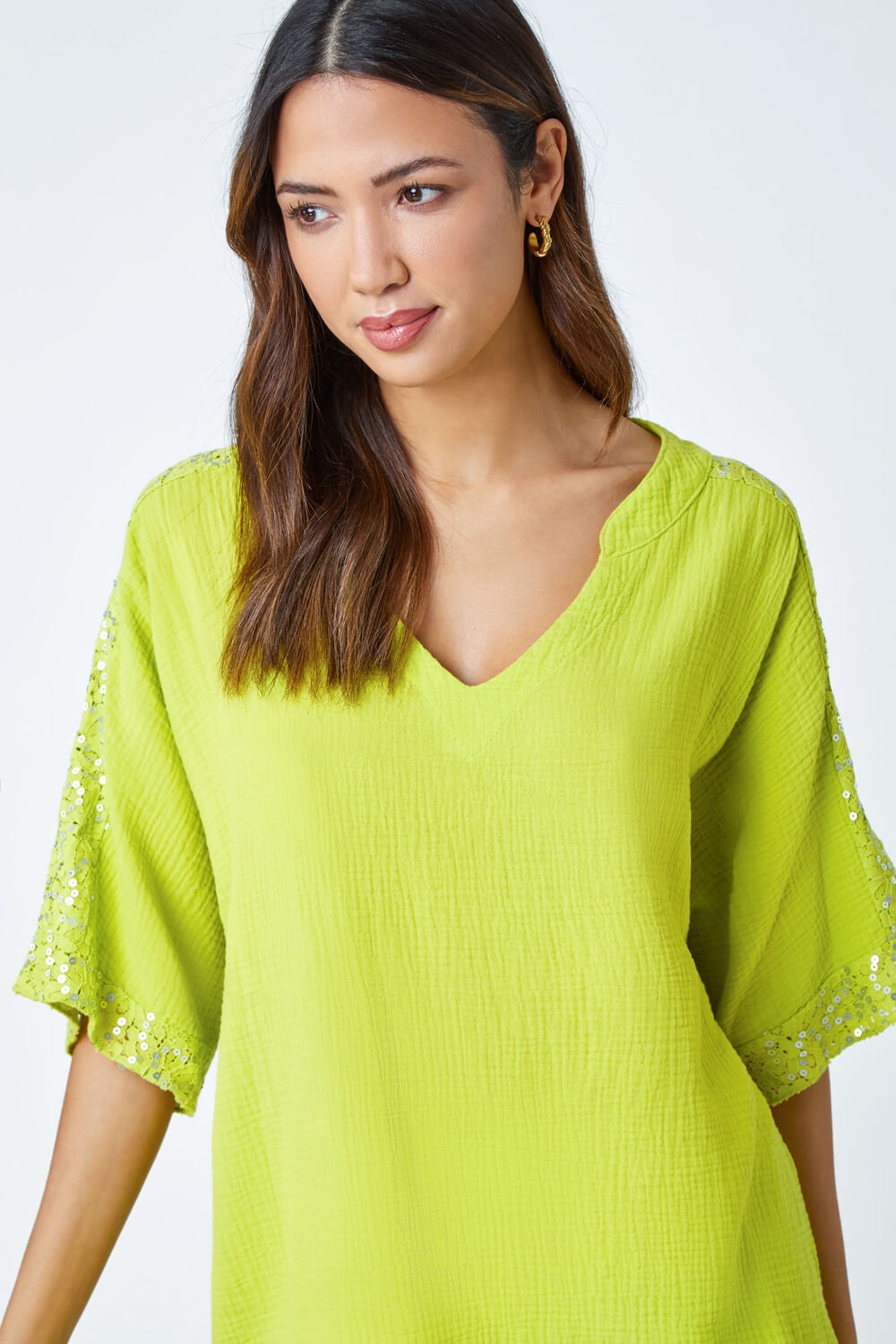Lime Cotton Sequin Lace Trim Tunic Top, Image 4 of 5