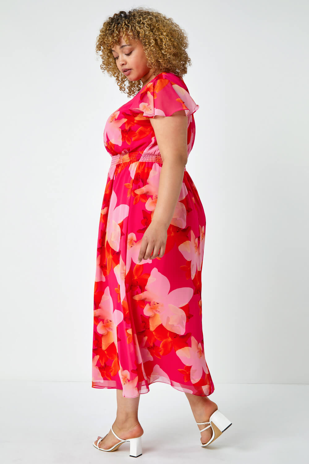 PINK Curve Floral Shirred Maxi Dress, Image 3 of 5