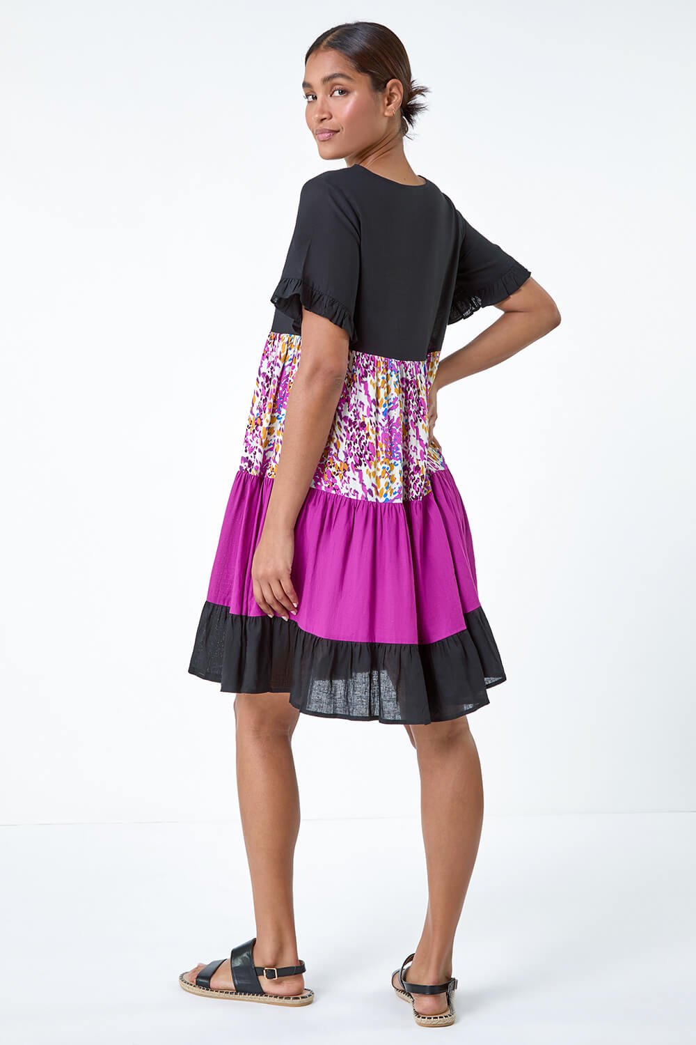 PINK Colour Block Print Tiered Smock Dress, Image 3 of 5