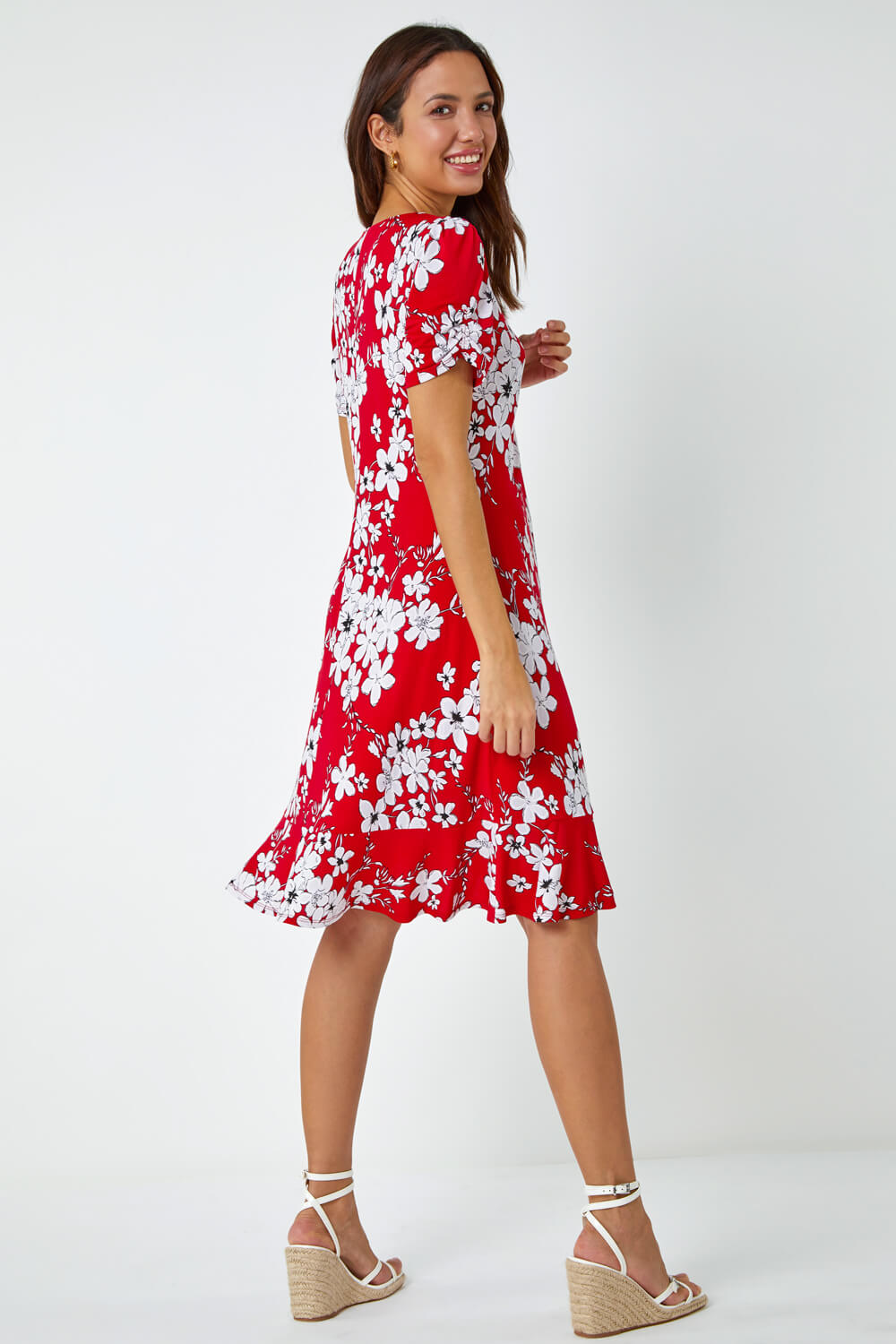 Red Frill Hem Floral Print Dress, Image 3 of 5