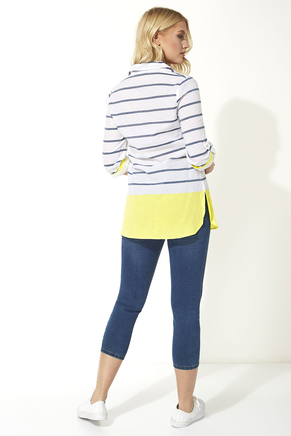 Light Yellow Stripe Colour Block Roll Sleeve Shirt, Image 2 of 4