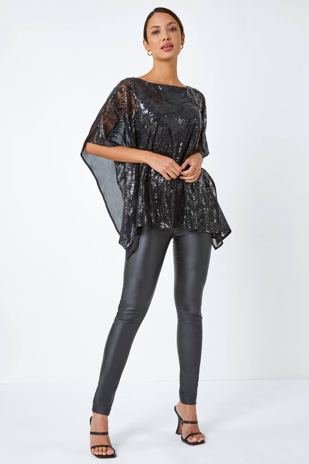 Black Sequin Overlay Stretch Top, Image 2 of 5