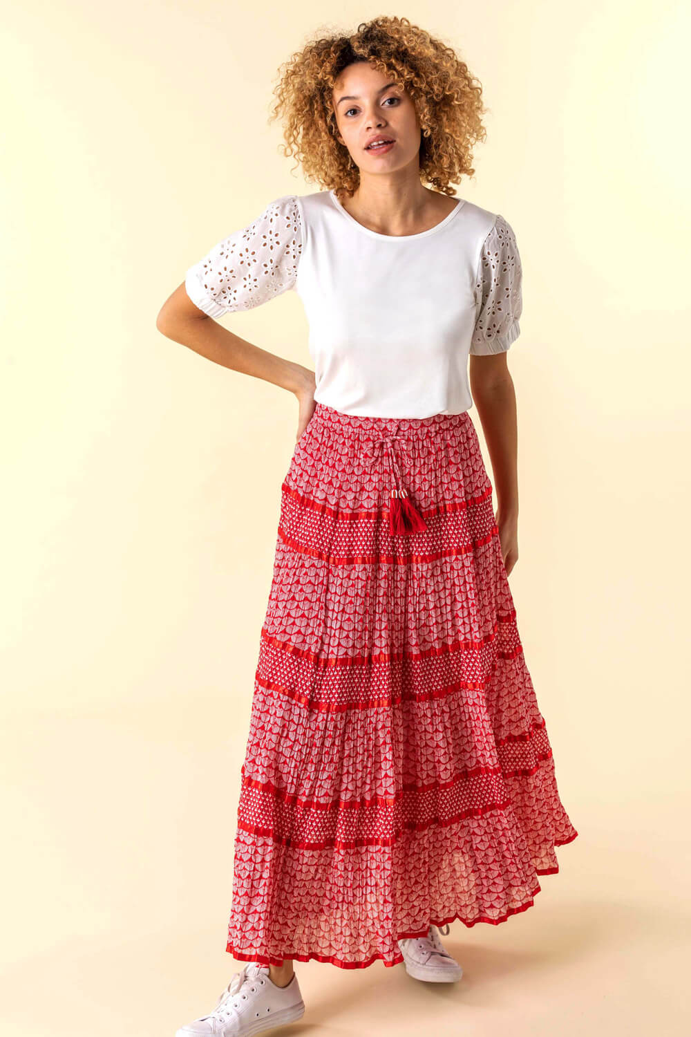 Red Tiered Boho Print Maxi Skirt, Image 3 of 4