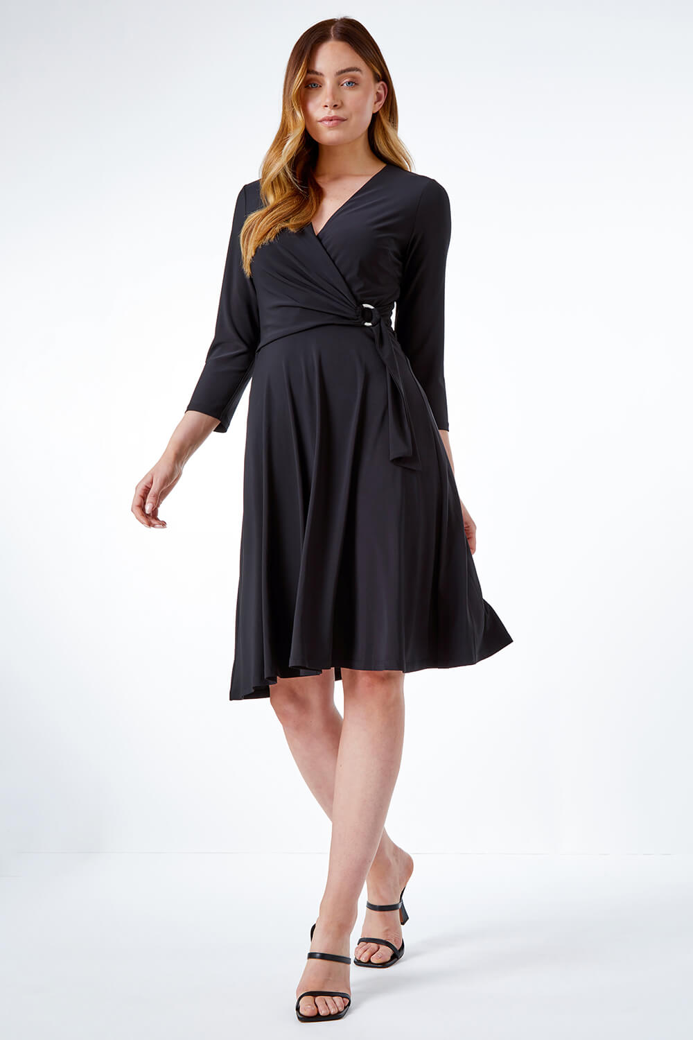Black Ring Buckle Wrap Stretch Dress, Image 2 of 5