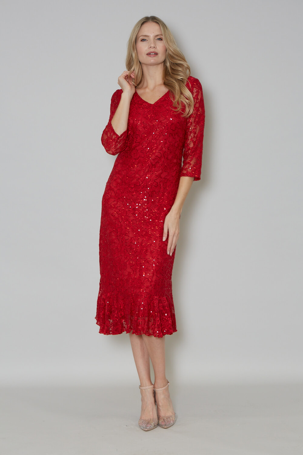 Red Julianna Sequin Frill Hem Midi Dress, Image 3 of 4