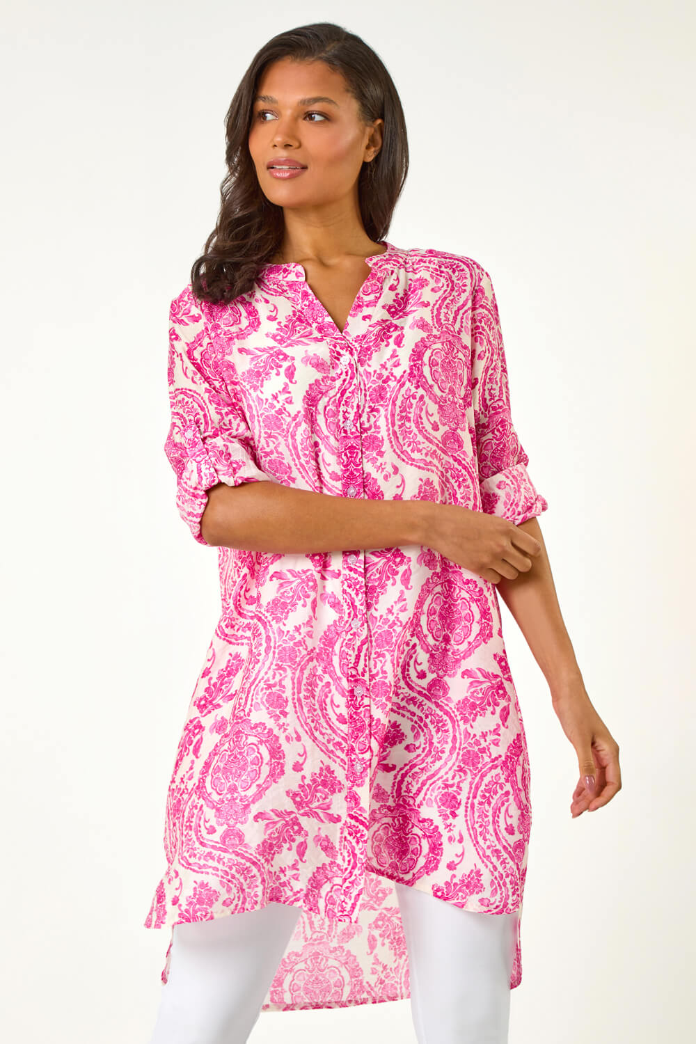 Pink Paisley Print Longline Blouse | Roman UK