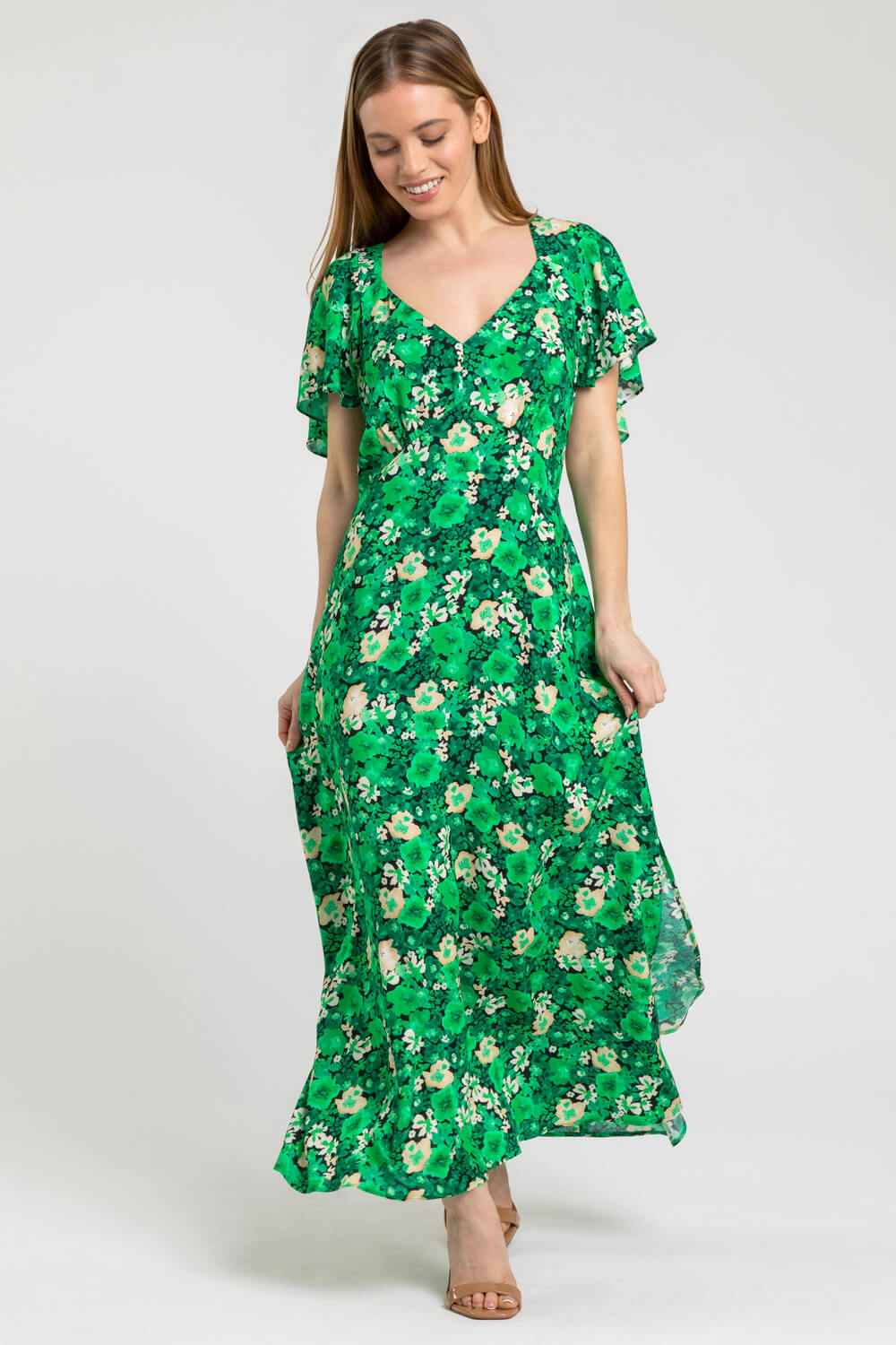 Green Petite Ditsy Floral Print Maxi Dress, Image 5 of 5