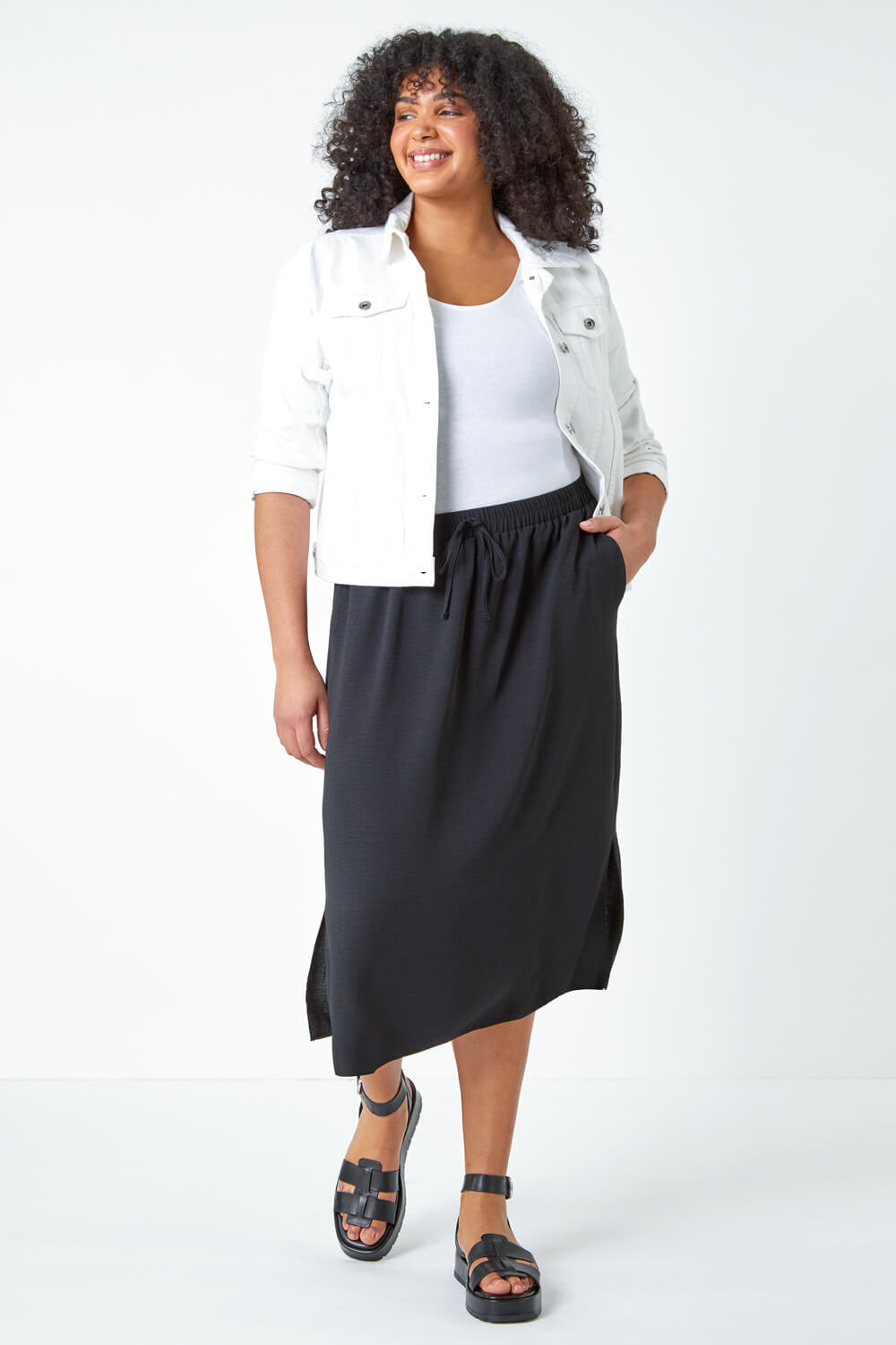 Black Curve Linen Look Midi Skirt, Image 2 of 5