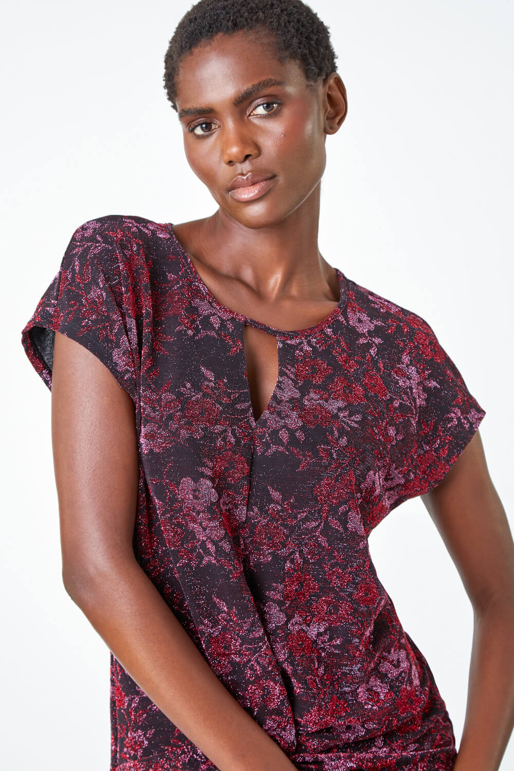 PINK Floral Shimmer Print Knot Stretch Top, Image 5 of 5