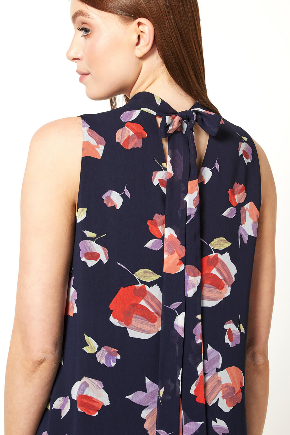 Navy  High Neck Floral Print Swing Dress, Image 4 of 5