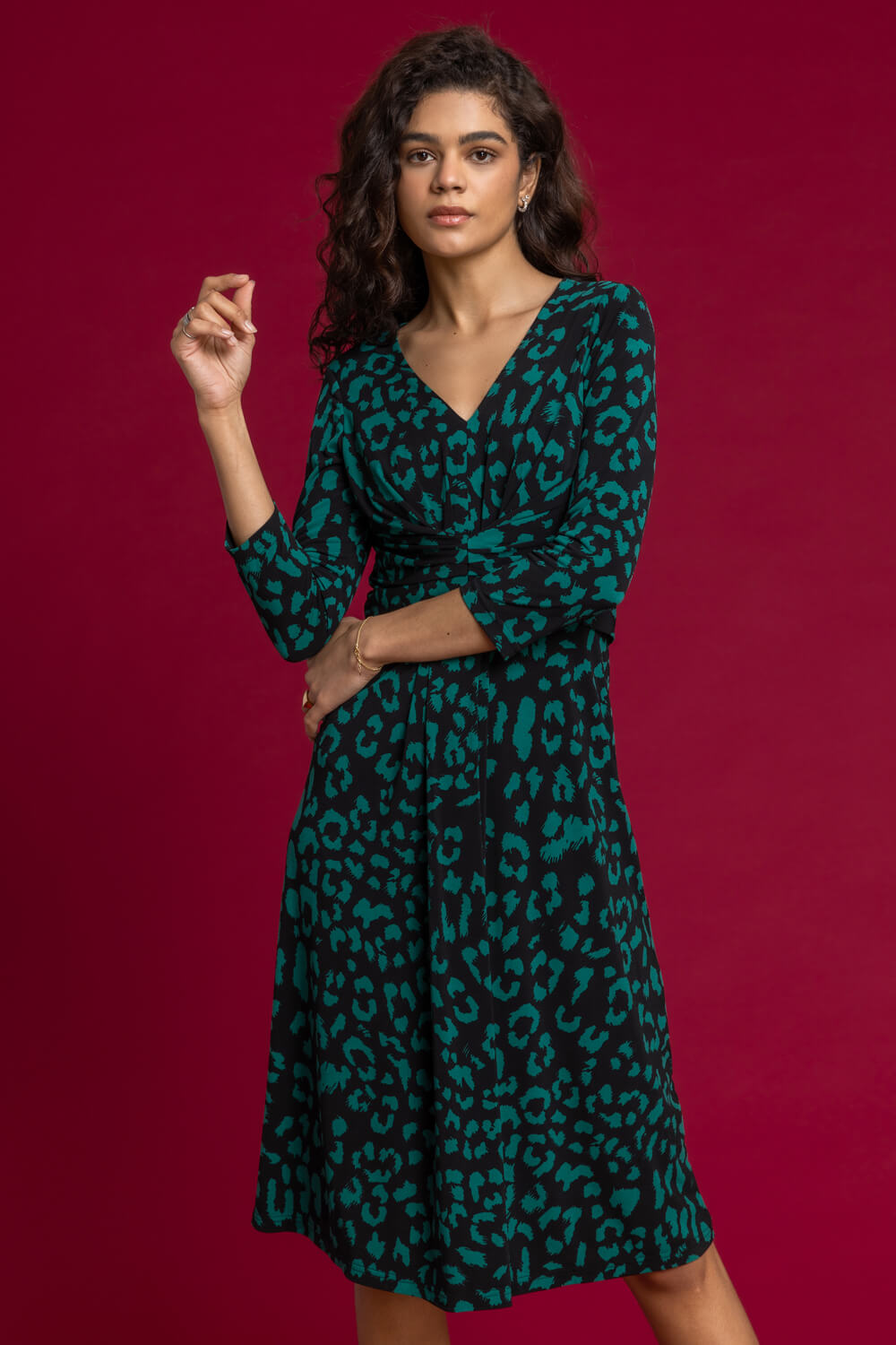 Green Animal Print Fit And Flare Dress, Image 4 of 4