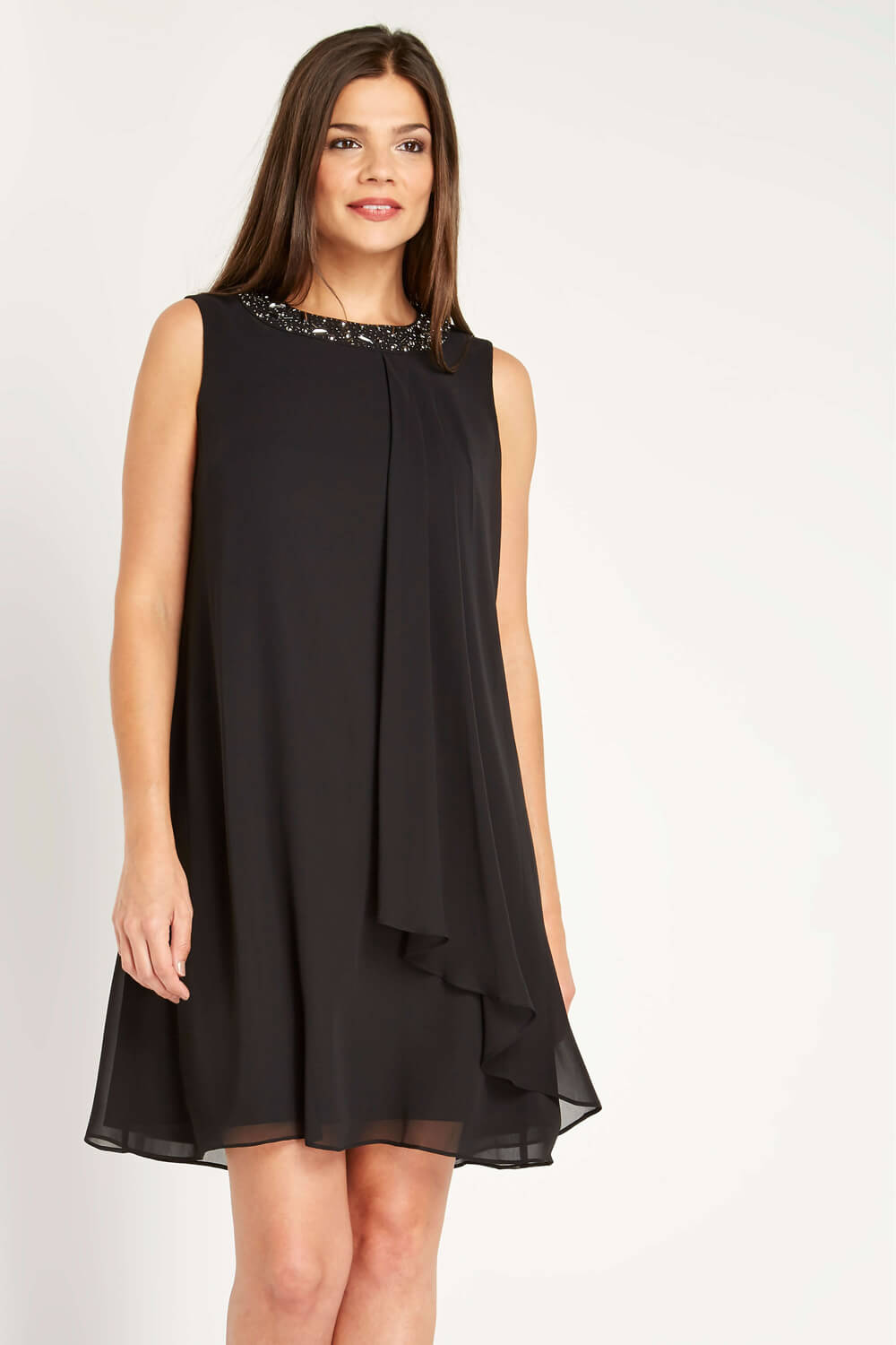 Embellished Neck Chiffon Dress in Black 