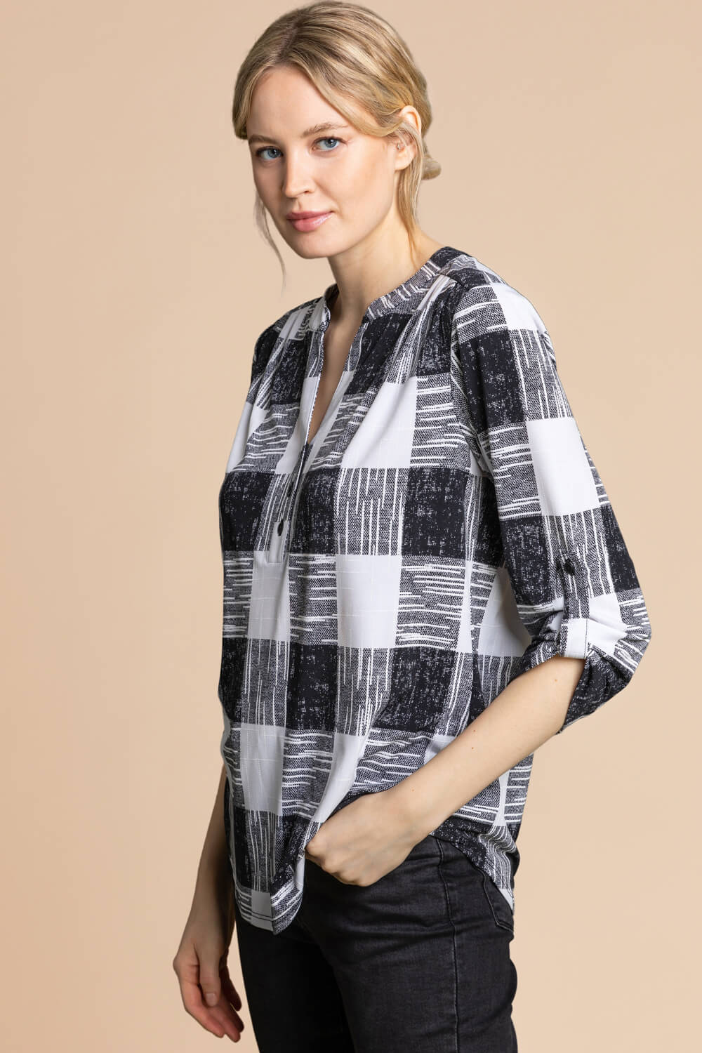 Black Textured Check Print Jersey Top, Image 5 of 5