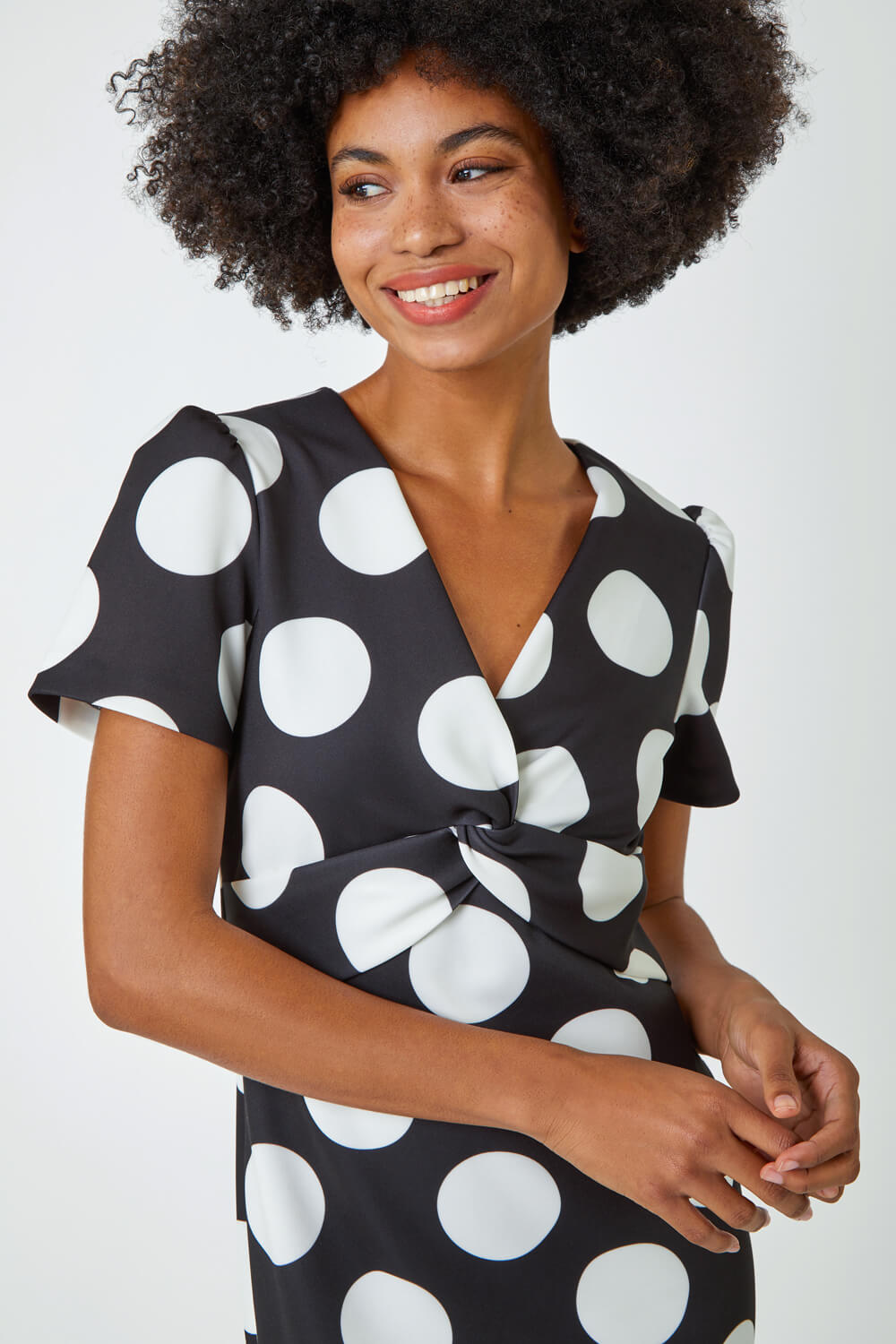 Black Polka Dot Premium Stretch Midi Twist Dress, Image 4 of 5