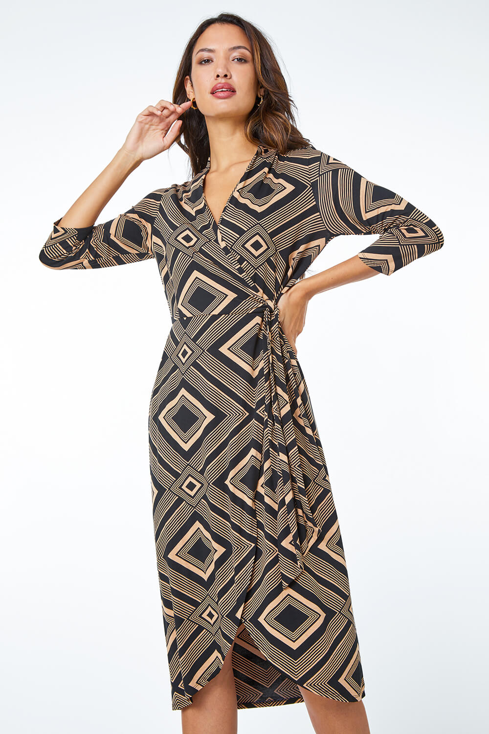 Geometric Wrap Midi Stretch Dress