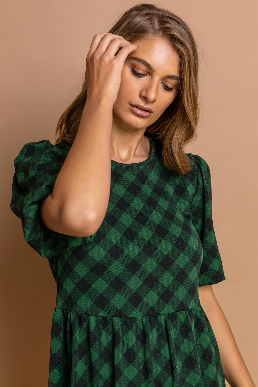Green Tiered Check Print Midi Dress, Image 4 of 5