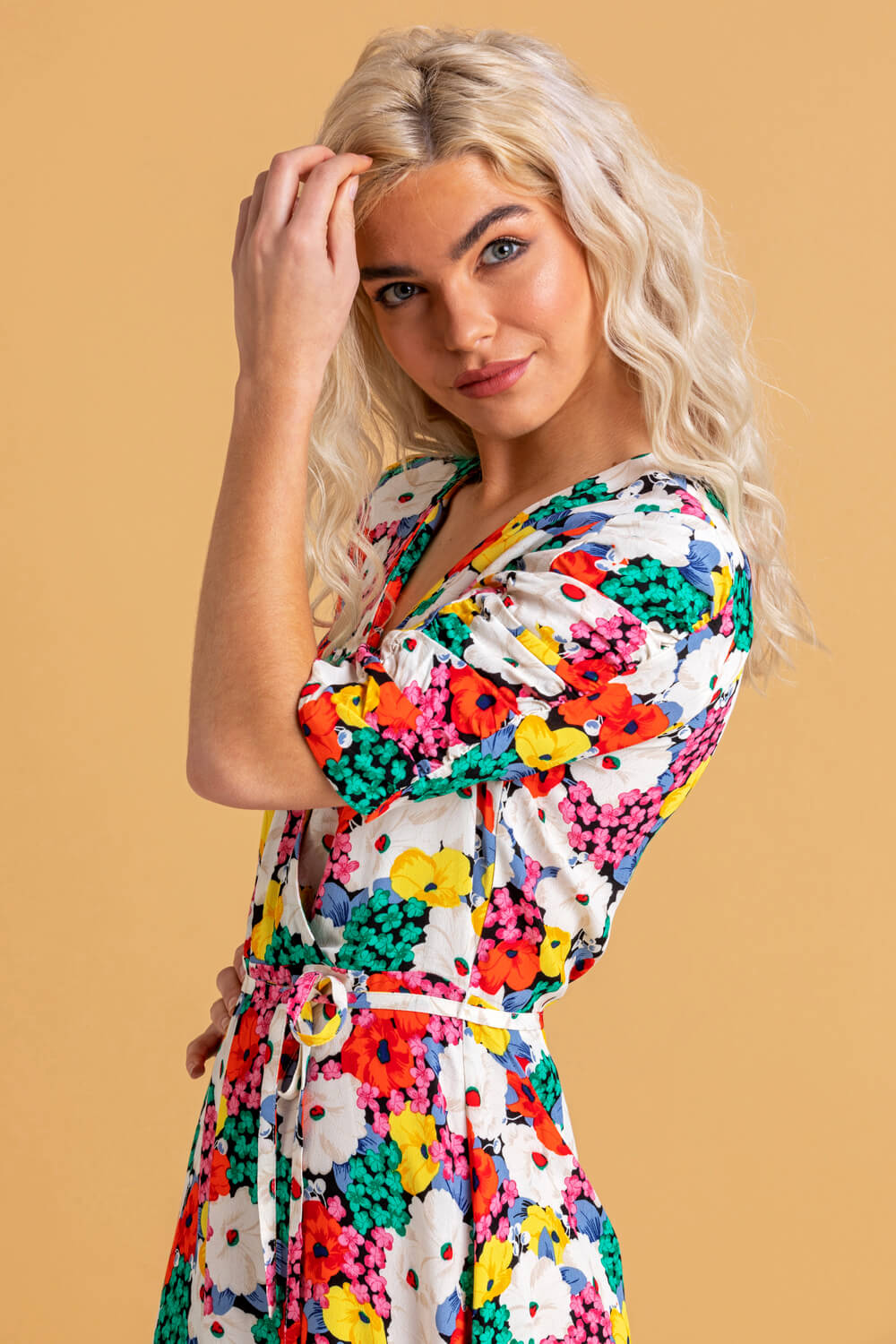 Multi  Bold Floral Wrap Dress, Image 4 of 4