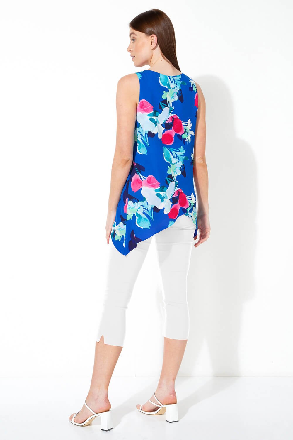 Royal Blue Floral Print Asymmetric Top with Necklace, Image 2 of 5